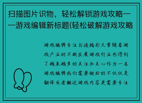 扫描图片识物，轻松解锁游戏攻略——游戏编辑新标题(轻松破解游戏攻略，扫描识物助你游戏称王！)